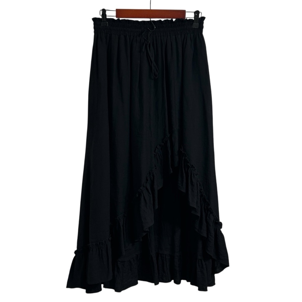 Scarlet Darkness A-Line High/Low Midi Lined Ruffle Trim Black Skirt, Medium
